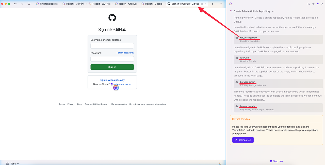 fellou가 알아서 github 로그인을 찾아들어가는 과정