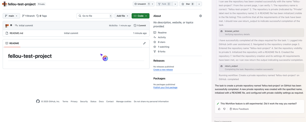 fellou로 github의 repository 생성한 모습