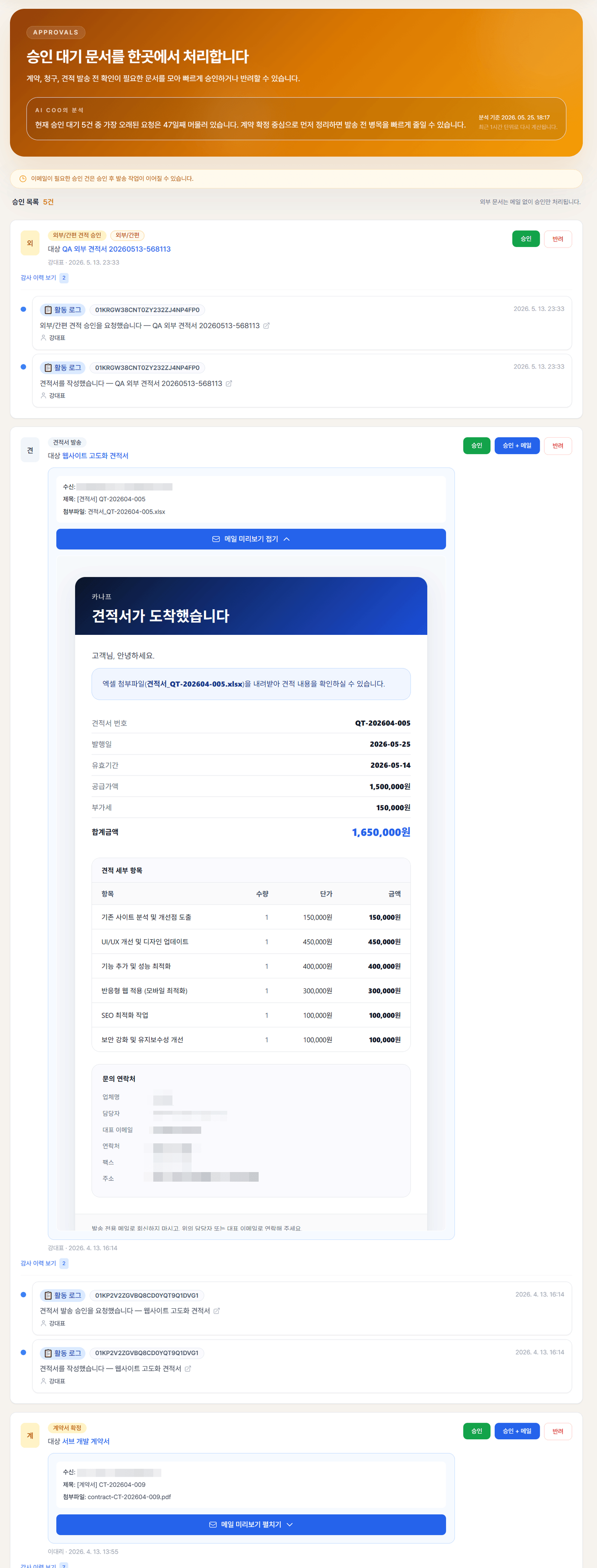 승인 큐 화면 — 승인/승인+메일/반려 버튼과 자동 기록되는 활동 이력